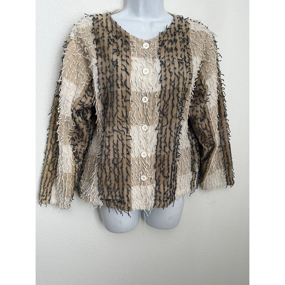 Ann Maurice Jacket Cotton Long Sleeves Fringe Cream Blue Coastal Art To Wear M